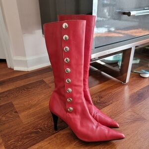 Red Women's Mid-Calf Button Accent Leather Boots leather made in Italy sz 9 VINT